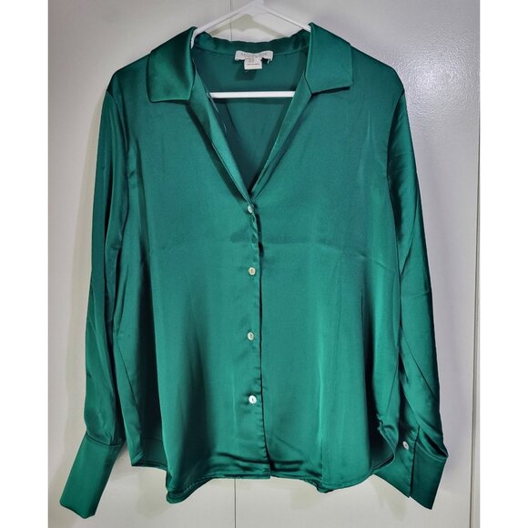 Rachel Zoe XL Satin Green Button Down Blouse Holiday Glam Jewel Tone Secretary - Picture 2 of 8